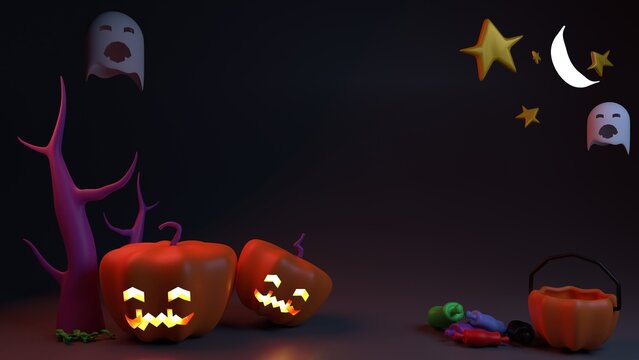 3D illustration Render for halloween background with pumpkin, treats, ghosts, moon and stars.