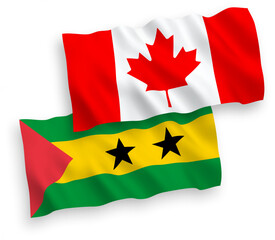 National vector fabric wave flags of Canada and Saint Thomas and Prince isolated on white background. 1 to 2 proportion.