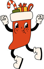 Groovy Christmas vibe png clipart illustration. Sock, stocking with gifts in trendy retro 60s hippie flat cartoon style. Merry Christmas and Happy New year element, isolated on transparent background