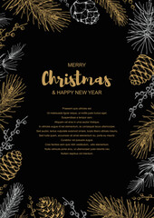 Merry Christmas and Happy New Year vertical invitation template with hand drawn golden evergreen branches and cones on black background. Vector illustration in sketch style.