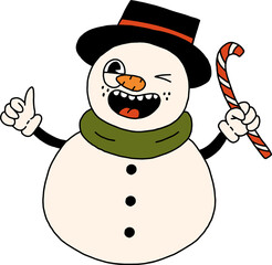 Groovy Christmas vibe png clipart illustration. Snowman in trendy retro 60s hippie flat cartoon style. Merry Christmas and Happy New year element, isolated on transparent background