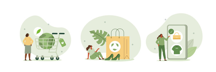 Sustainability illustration set. Characters buying recycling eco friendly clothes and textile consciously. Conscious consumption, slow fashion and responsible shopping concept. Vector illustration. - obrazy, fototapety, plakaty