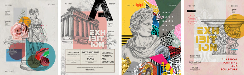 Exhibition, classics and antiquity. Vector illustrations of abstract shapes, ancient greek column, ancient ruins, goddess sculpture and bust for background, flyer or poster - obrazy, fototapety, plakaty