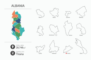 Map of Albania with detailed country map. Map elements of cities, total areas and capital.