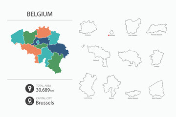Map of Belgium with detailed country map. Map elements of cities, total areas and capital.