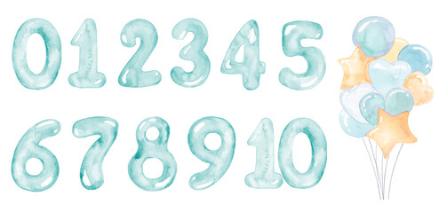 Set of blue balloon numbers for baby boy celebration party, nursery or milestones. Hand-drawn watercolor illustration. - obrazy, fototapety, plakaty