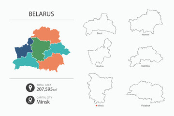 Fototapeta premium Map of Belarus with detailed country map. Map elements of cities, total areas and capital.