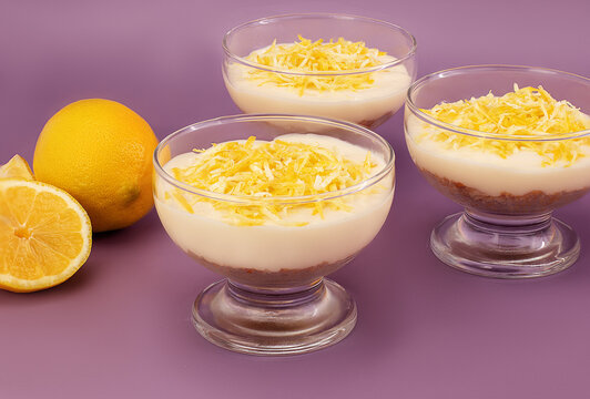 Sobremesa caseira de lim&atilde;o siciliano em fundo roxo. mousse de lim&atilde;o siciliano com raspas de lim&atilde;o. 