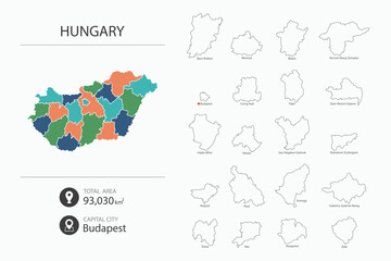Map of Hungary with detailed country map. Map elements of cities, total areas and capital.