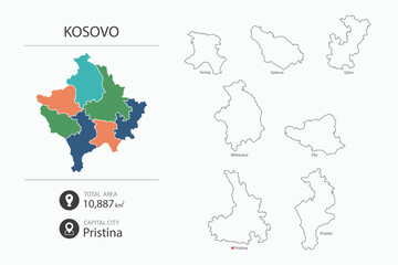 Obraz premium Map of Kosovo with detailed country map. Map elements of cities, total areas and capital.