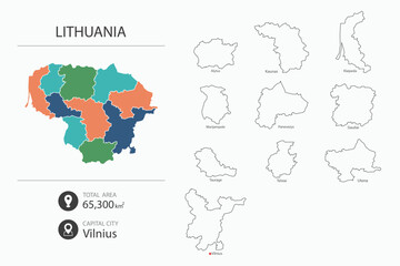 Fototapeta na wymiar Map of Lithuania with detailed country map. Map elements of cities, total areas and capital.
