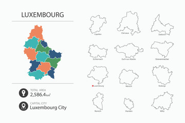 Map of Luxembourg with detailed country map. Map elements of cities, total areas and capital.