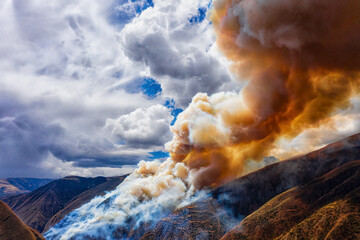 Aerial view of a forest fire in the Peruvian Andes near Cusco..