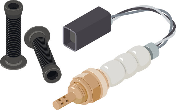 Replacement part icon isometric vector. Black handlebar grip and oxygen sensor. Automotive and bicycle spare part