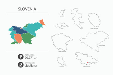 Obraz premium Map of Slovenia with detailed country map. Map elements of cities, total areas and capital.
