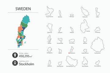 Map of Sweden with detailed country map. Map elements of cities, total areas and capital.