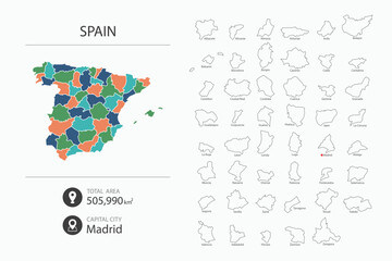 Map of Spain with detailed country map. Map elements of cities, total areas and capital.