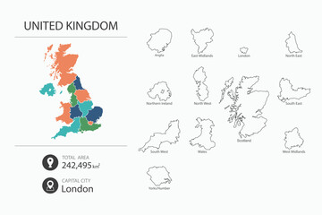 Obraz premium Map of UK with detailed country map. Map elements of cities, total areas and capital.