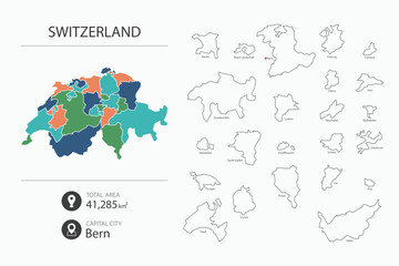Map of Switzerland with detailed country map. Map elements of cities, total areas and capital.