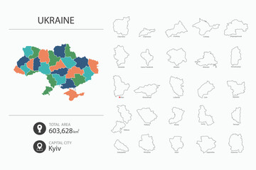 Fototapeta na wymiar Map of Ukraine with detailed country map. Map elements of cities, total areas and capital.