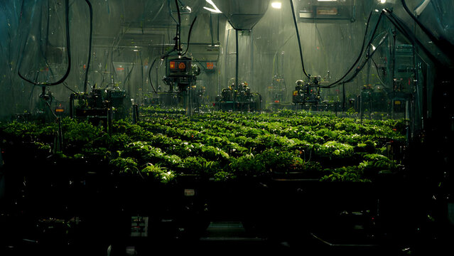 Smart robotic farmers concept, robot farmers, Agriculture technology, Farm automation. production line robot arms picking crops in a vast hydroponic. 3d render.
