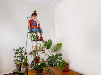 Little girl playing in a room with many houseplants. Sustainable living and homeschooling with children - 541028500