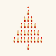Red lipsticks arranged in the shape of a Christmas tree isolated on a white background. Minimal New Year decoration concept. Retro 80s or 90s fashion aesthetic.