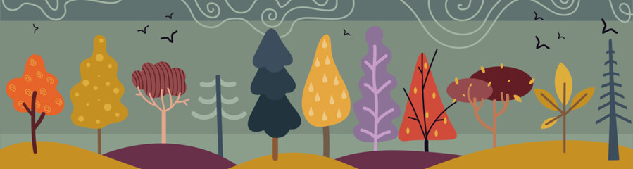 Autumn landscape with different seasonal trees and Christmas trees.Decorative vector graphic.