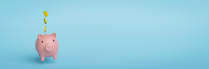 Banner of floating coins on pink piggy bank on blue background. Money saving and money management concept. 3D rendering illustration