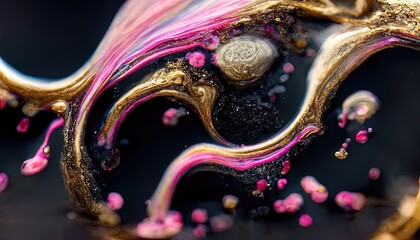 Luxurious golden fluid art with pink paint. Golden waves, smooth lines and stains of liquid paint, acrylic art. Gold dust and gems, beauty background. 3D illustration.