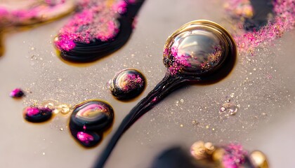 Luxurious golden fluid art with pink paint. Golden waves, smooth lines and stains of liquid paint, acrylic art. Gold dust and gems, beauty background. 3D illustration.