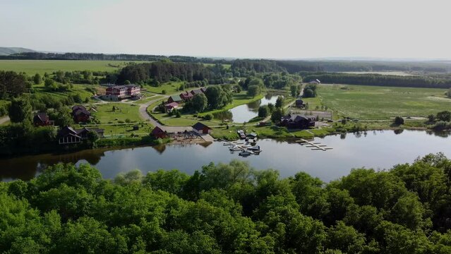 Picturesque views from the air and drone nature of Tatarstan and Russia. Sviyaga River. The river sprouts vegetation. Quiet ples stretch. Panorama for travel and tourism. Berry fields. From above. 