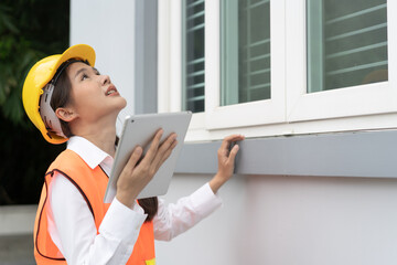 Builder inspection consultancy. Inspector checking material and structure in construction.