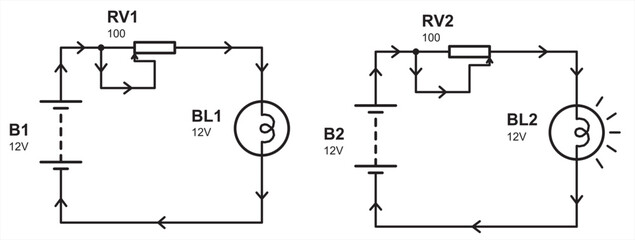 Vector schematic diagram of
electrical circuit with lamp, constant
voltage source (battery) and tuning resistor.
Physical properties of conductors. Flow of positively and negatively charged electrons.