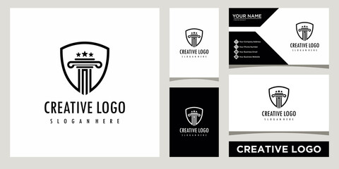 law with shield icon logo design template with business card design