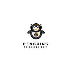 cute robot penguin cartoon logo design, vector animal science technology icon illustration template
