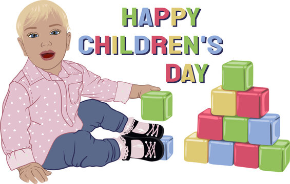 Happy Children's Day Card. Happy Blonde Child In A Pink Shirt With White Hearts Playing With Cubes. Vector Illustration