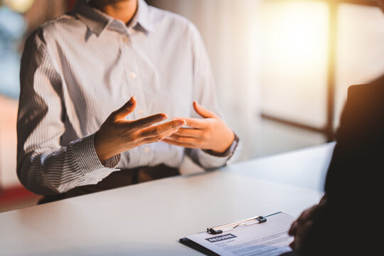 Portrait of a person interviewing for a job and.Submit resume to staff job application concept