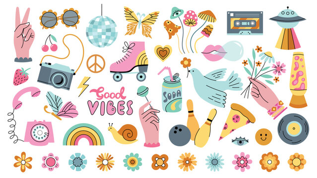 Vector groovy retro icon set. Hippie collection