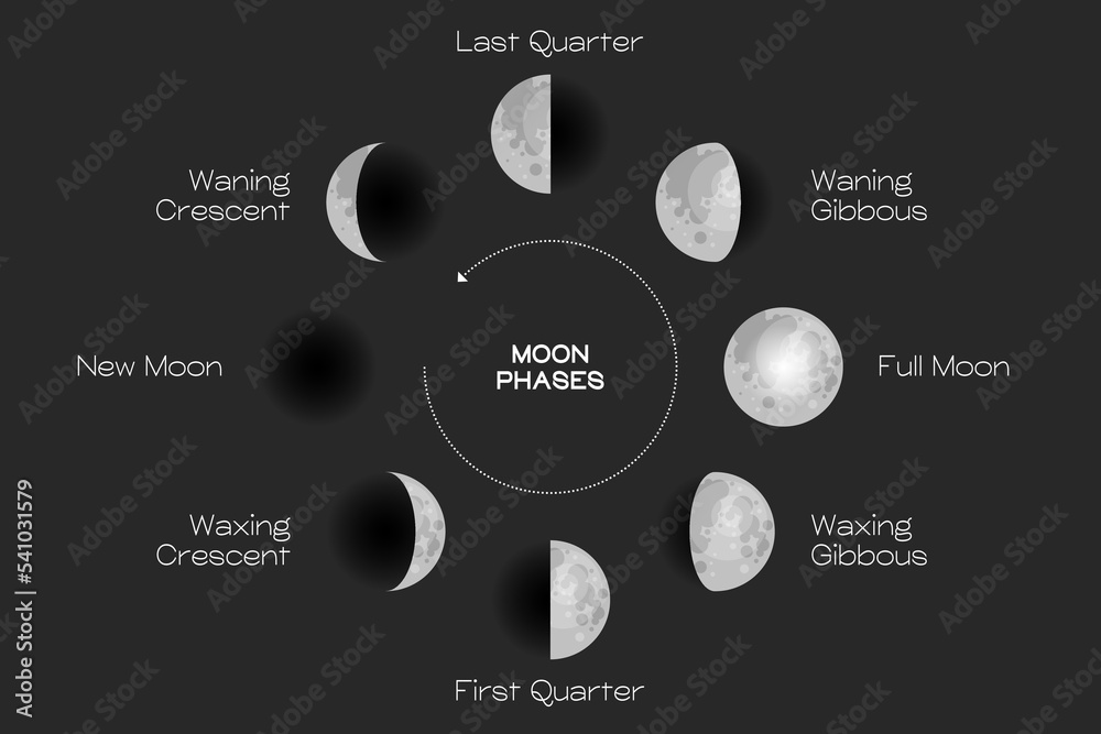 Poster moon phases scheme sphere shadow cycle astronomy icon set. vector illustration background