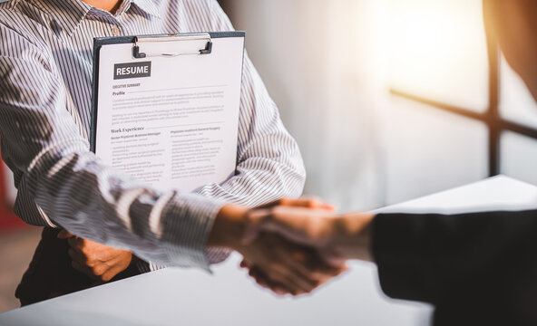 Interview, shake hands, agree to work and send resume to staff. employee job application concept