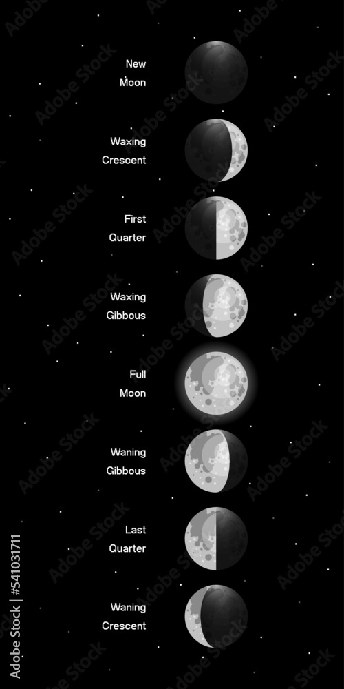 Poster moon phases scheme sphere shadow cycle astronomy icon set. vector illustration background