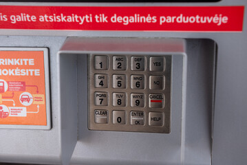 LITHUANIA - AUGUST 01, 2021: Pin keypad on an atm or gas station