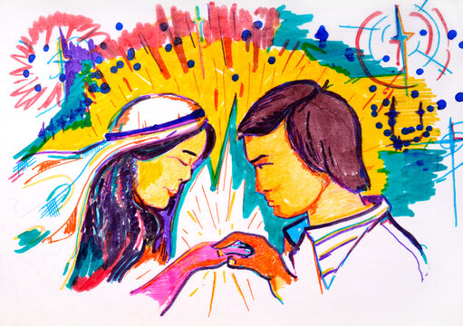 A wedding. A groom putting a ring on his bride. Hand drawn was made using felt pens.