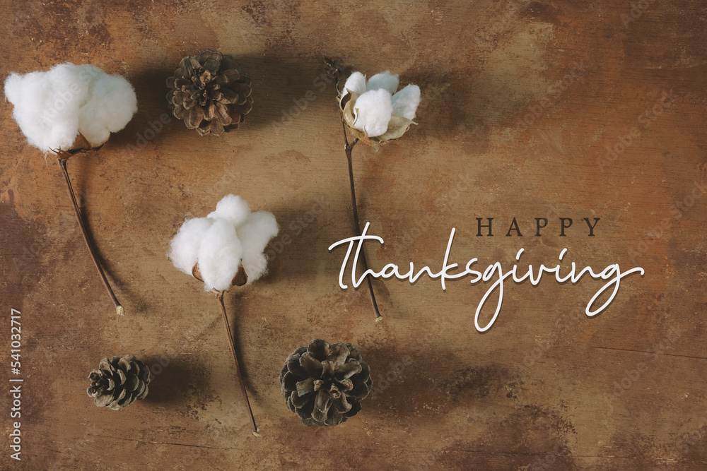 Sticker Rustic fall season background with Happy Thanksgiving text greeting by cotton as flat lay. - Stickers