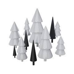 Abstract Christmas trees. Black and white Christmas trees isolated on transparent background. 3d new year metallic tree composition. 3D render, PNG. Xmas minimal abstract background.