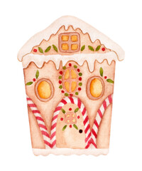 Watercolor colorful illustration, Festive Christmas gingerbread house with nice lollipops isolated on white background.