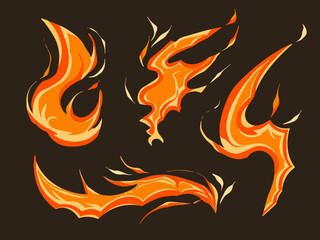 Set of fire flames burning hot graphic resources element decoration vector illustration. Cartoon flat art style decor of natural hot element.
