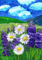 Obraz premium Flowering daisies and lupines during the summer day. Children's drawing