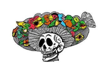 La Calavera Catrina classic day of the dead illustration. Color with bright Mexican fiesta colorations. Skull with a fedora, wide brim hat, covered in flowers. Fiesta mode drawing. Halloween theme